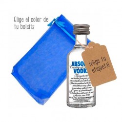 Vodka Absolut botellita con etiqueta personalizada y bolsita de organza